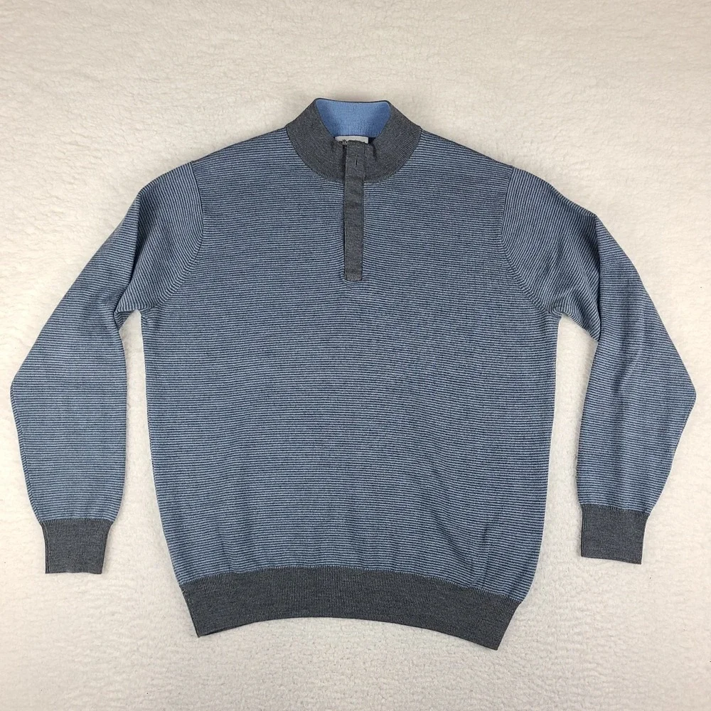 Peter Millar Sweater Mens Large Blue Gray Knit Wool Quarter Zip MF19S63